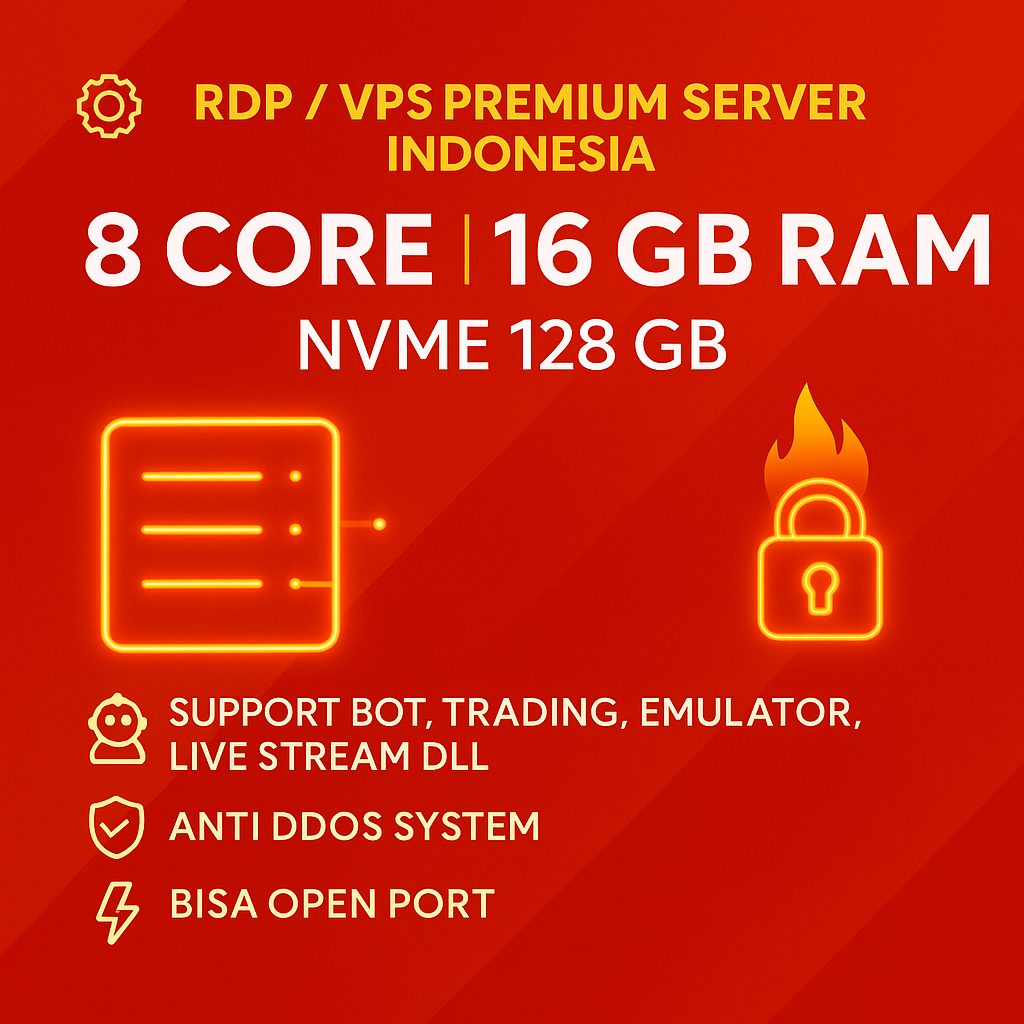 RDP / VPS Bulanan 8 Core Ram 16 GB Windows / LINUX Full Admin Bergaransi RDP Legal Resmi Anti Suspen