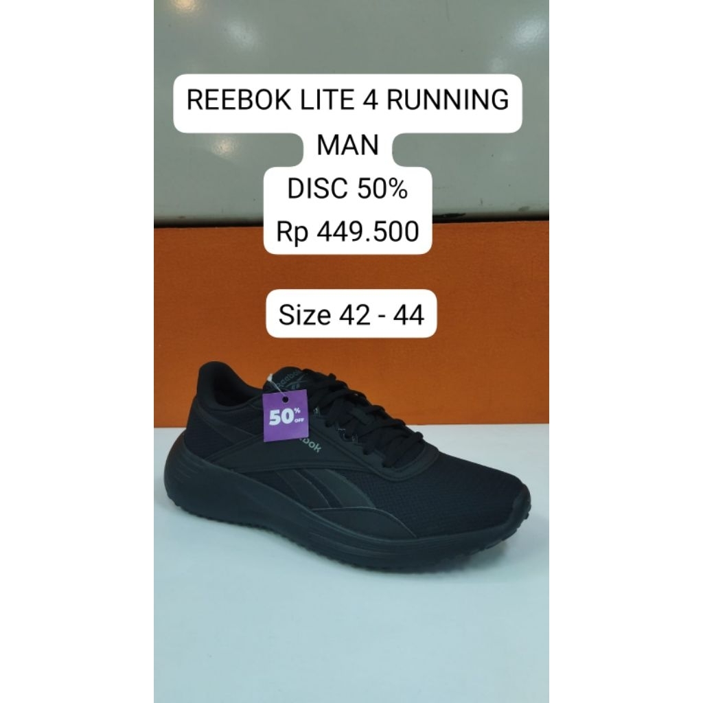 Reebok Lite 4 Sepatu Lari Pria Full Hitam / Hitam Original