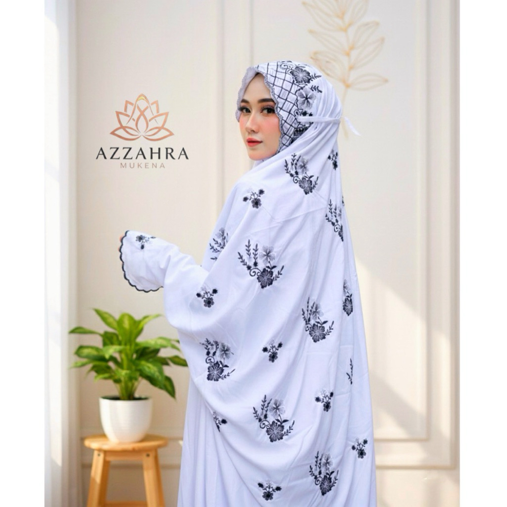 Mukena Dewasa Terusan Putih Jumbo Adem | Mukenah Lajuran Katun Mikro Bordir Bunga Mewah Elegan | Per