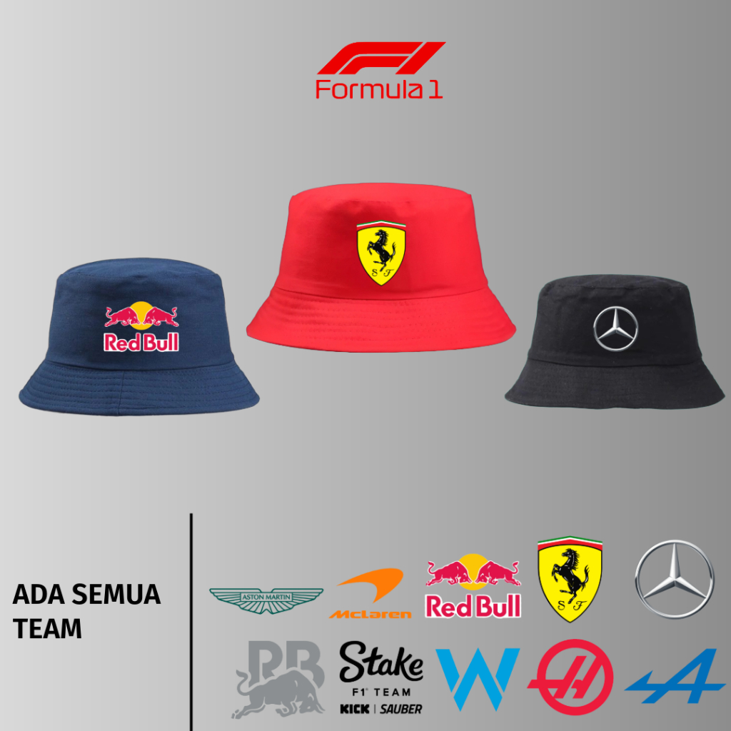TOPI BUCKET F1 LOGO TEAM FERRARI MCLAREN MERCEDES REDBULL WILLIAMS RACINGBULLS ASTONMARTIN HAAS KICK