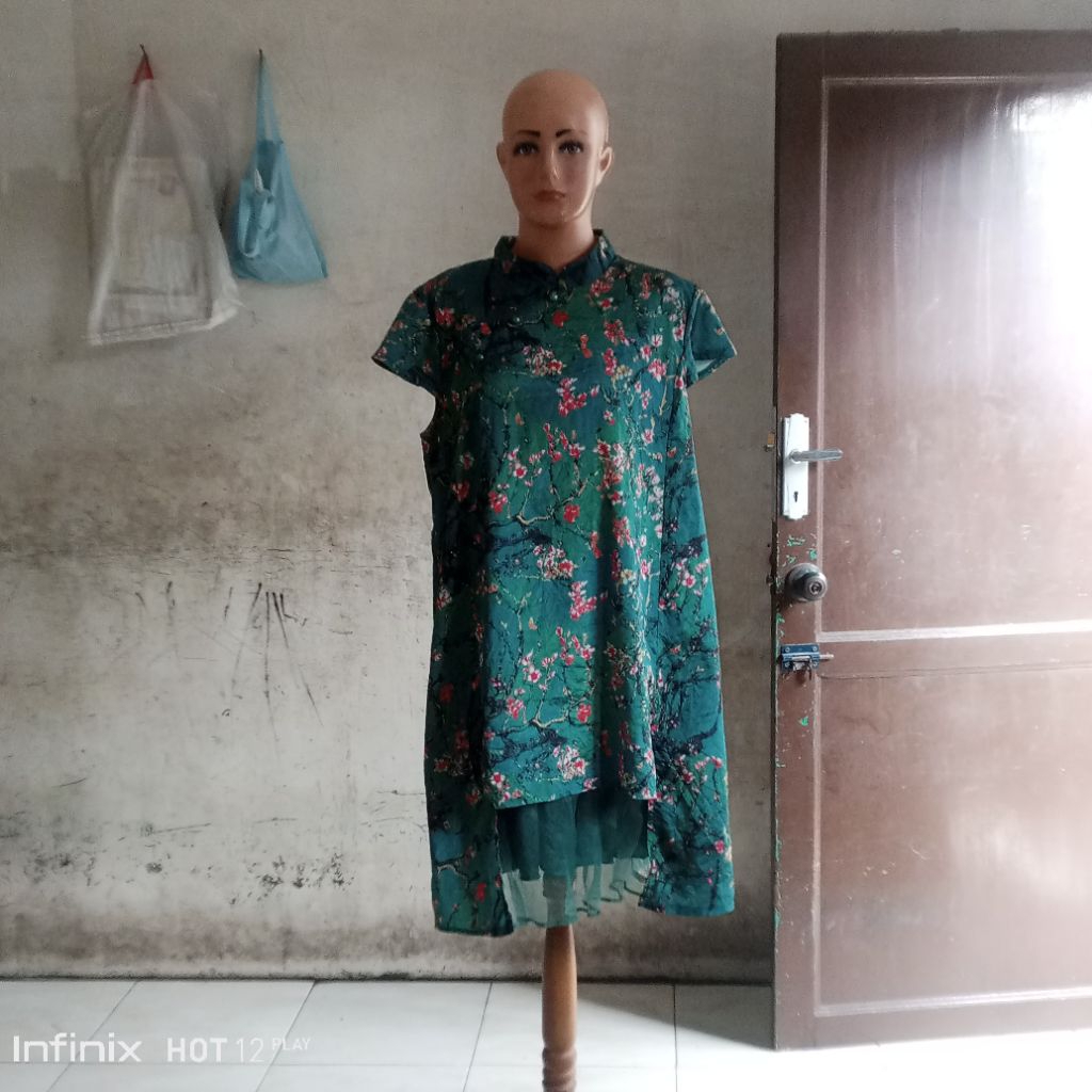 Dress Cheongsam Motif Bunga Hijau HECATVIP Midi Dress China Style Elegant