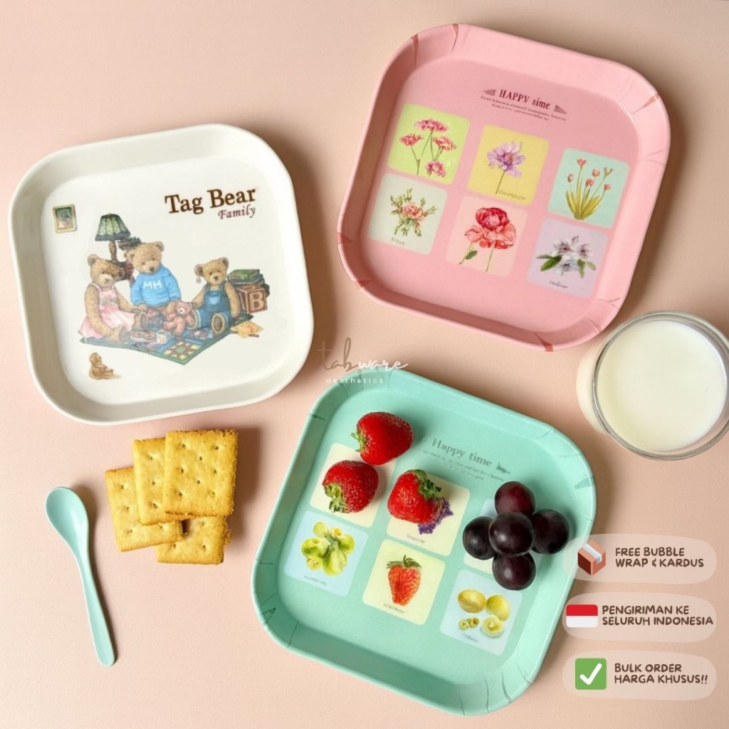 (1pc) Piring Kotak Melamin Motif Lucu SNI 15cm / Piring Makan Persegi / Piring Snack Souvenir