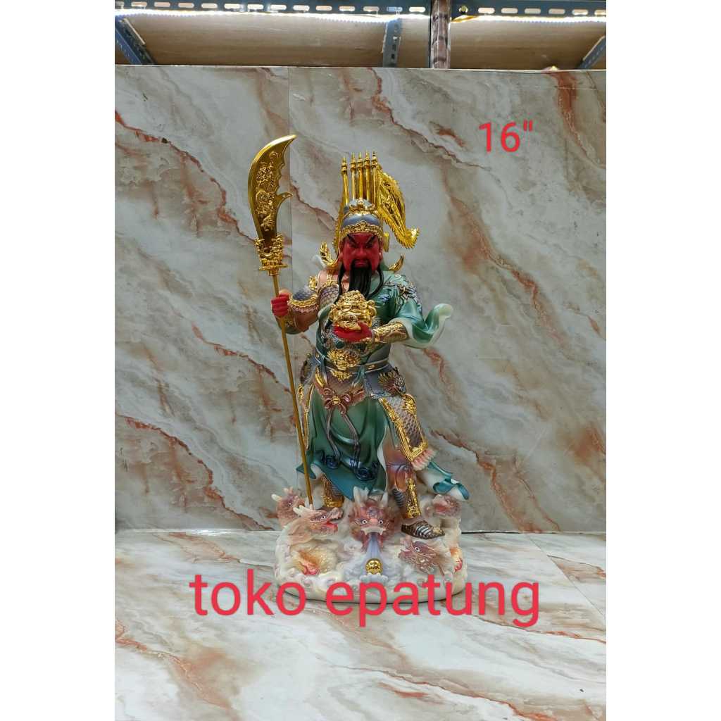 patung dewa kwan kung / kwan kong / kwan te - 16 inch - marmer - 5 bendera - naga - gentong - pedang