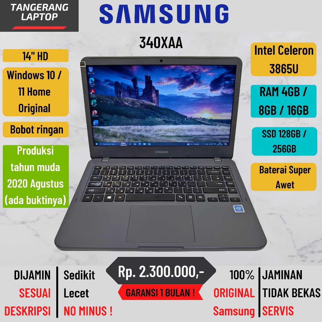 Laptop Samsung 340XAA 2021 Intel Celeron 3865U RAM 16GB SSD 256GB Garansi