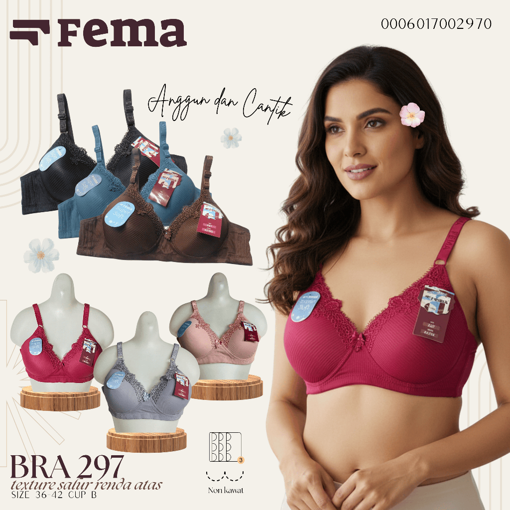 FEMA Official Shop Bra FEMA 297 Renda Atas Bra 1 pcs Kait 3 cup B sedang Tanpa kawat Busa standard