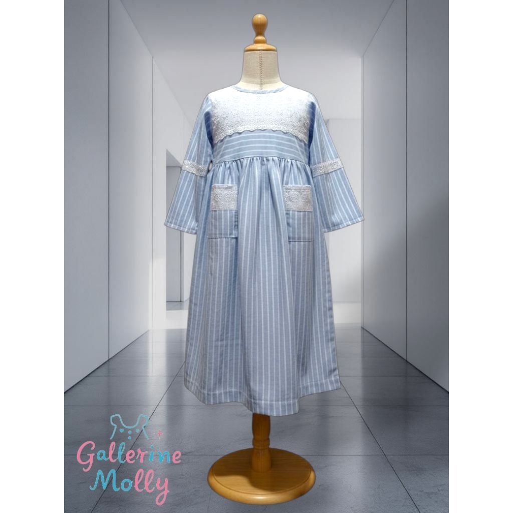 Molly Dress Anak /Gamis Anak Salur Biru Manis Salur Katun Triset