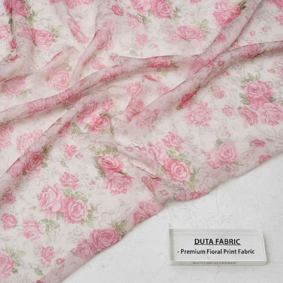 Kain Sifon Sutra Premium Motif Bunga Mawar / Floral Print Chiffon Silk / Bahan Dress Gamis Furing (H
