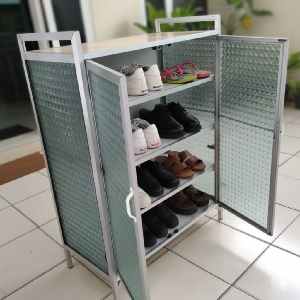 RAK SEPATU KACA ALUMUNIUM