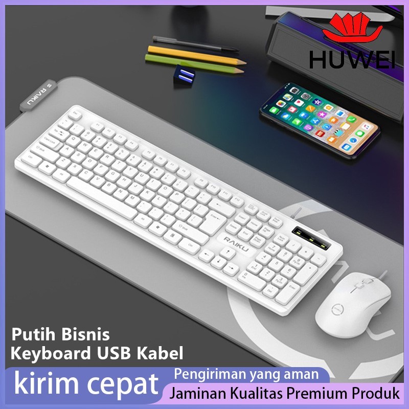 HUWEI Keyboard Mouse Set USB Wired Plug Play Putih Bisnis, cocok untuk PC/laptop, keyboard eksternal