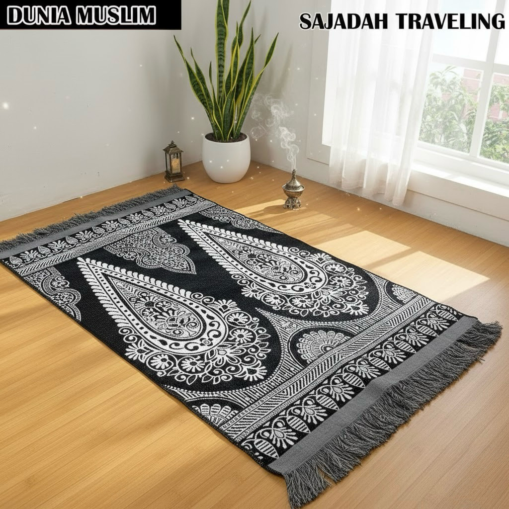 Sajadah Turki Traveling Ukuran Dewasa Morif Kiswah Kusus Hitam Perlengkapan Sholat Pakaian Muslim Se