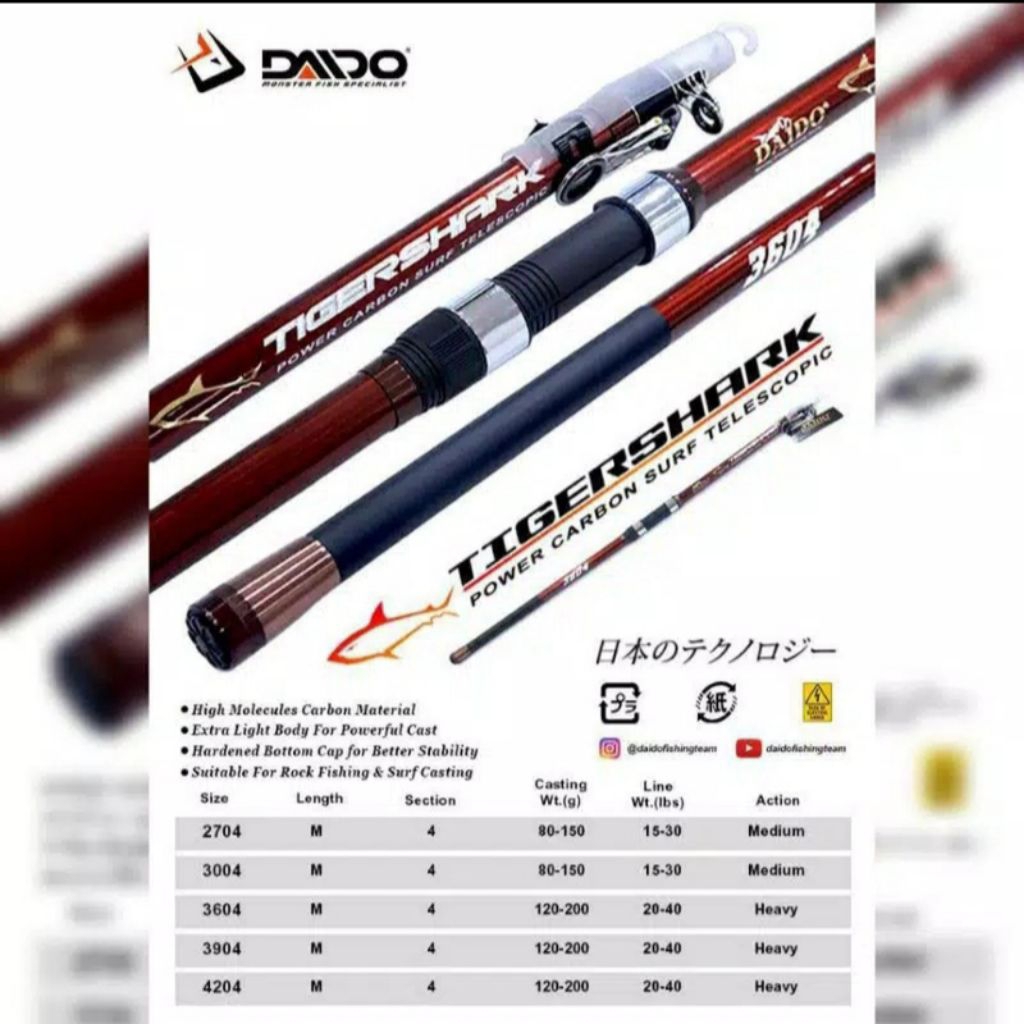 joran pancing Daido Tiger shark 420 joran antena teleskopik surf casting kuat bandel