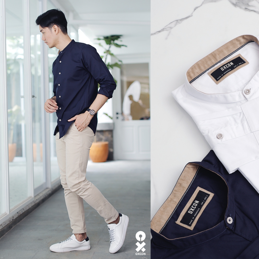 Kemeja koko pria Suede navy OXCON collarless shirt