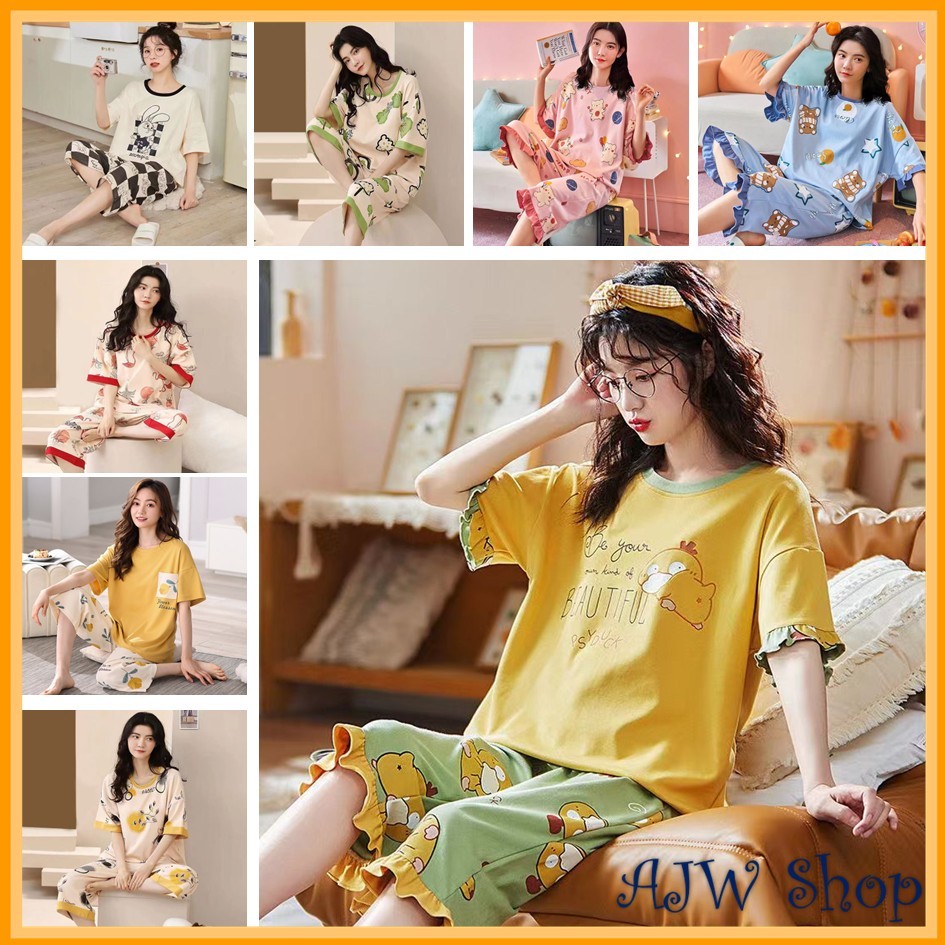 AJW Shop Baju Piyama One Set Wanita Celana 7/8 | Piyama Remaja Satu Set Atasan Lengen Pendek Celana 