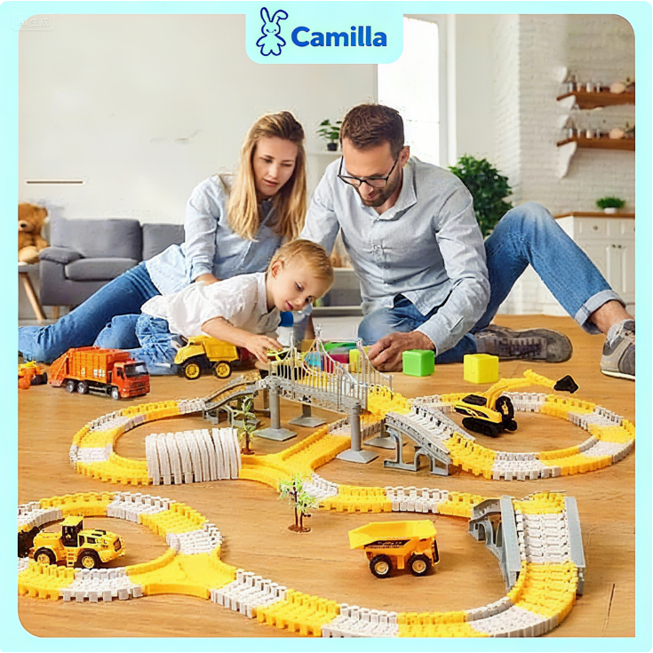 Camilla DIY Mainan Mobil Rel , Set Mainan Kereta Rel Listrik Anak 342 Buah, Rel Kereta Rakitan Truk 