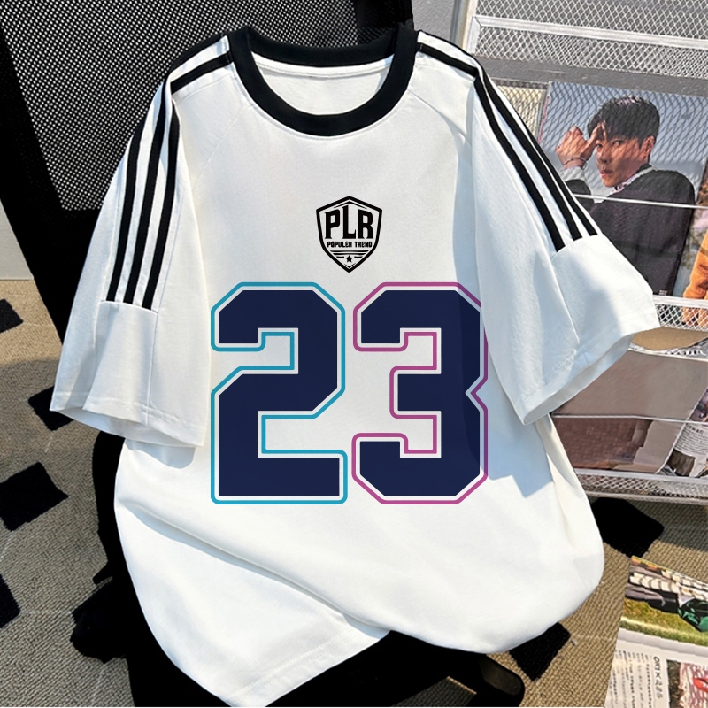 Butik Bebas Masalah - Atasan olahraga pria putih | Kaos stripe anak laki laki | Baju angka 23 oversi