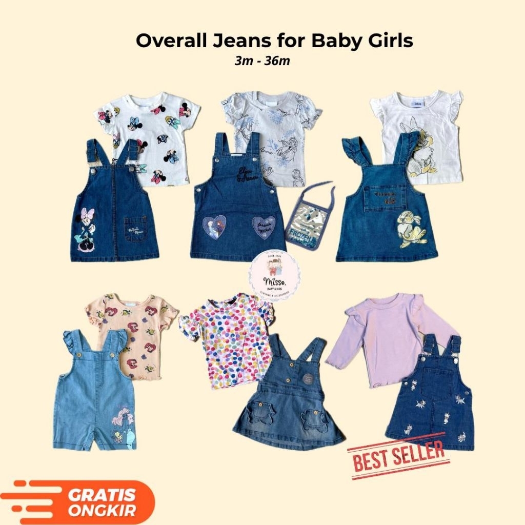 Set Overall Jeans Baby Girl Overall Dress Disney 0-3 tahun Overall Anak Perempuan Baju Kodok Anak Pe