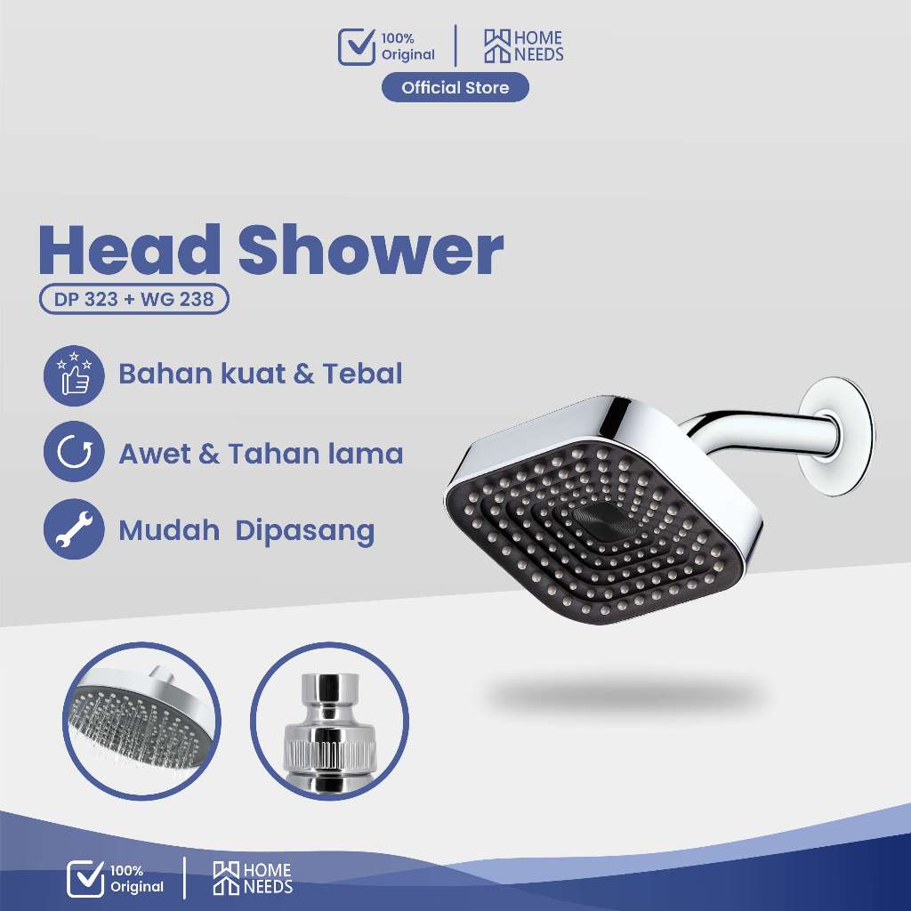 Homeneeds Head Shower Mandi Bentuk Kotak Hitam Silver Bahan Abs Chrome DP-323+WG-238-Silver