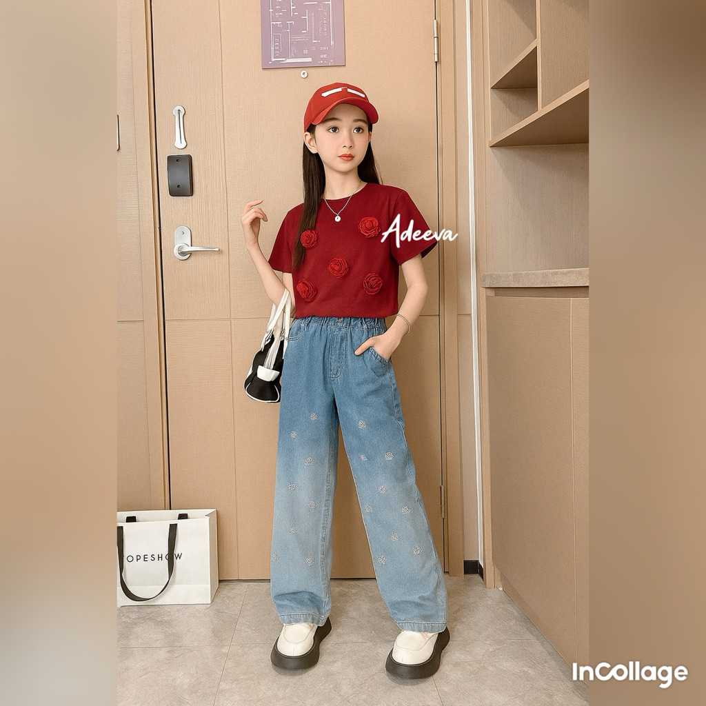 [COD] SETELAN KULOT BUNGA TIMBUL ANAK CEWEK SIZE 120-160 IMPORT PREMIUM - SET KULOT JEANS ANAK PEREM