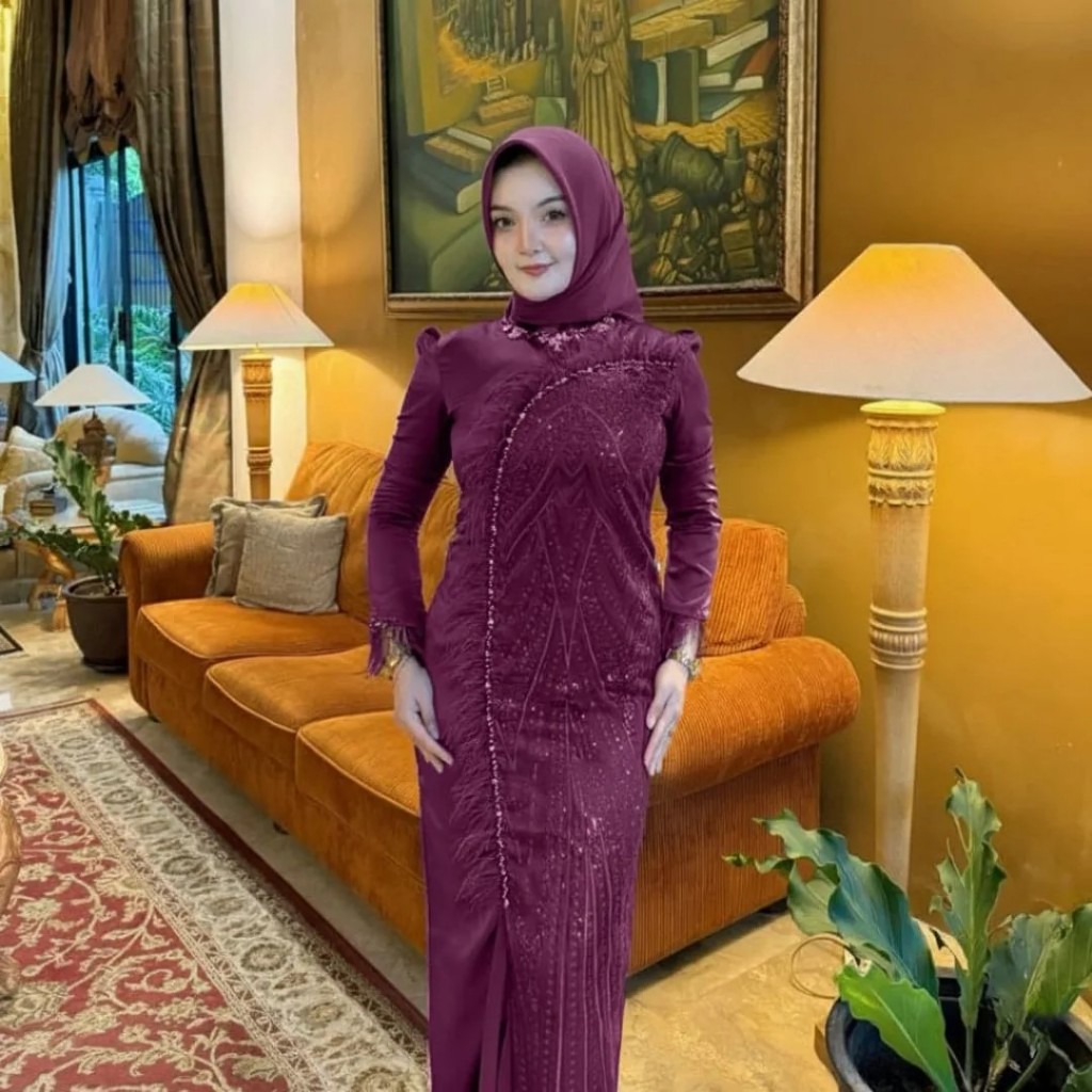 ARS-Willona Dress Melayu Malaysia Velvet Mix Brukat Plus Payet Mutiara Baju Gamis Warna Burgundy 202