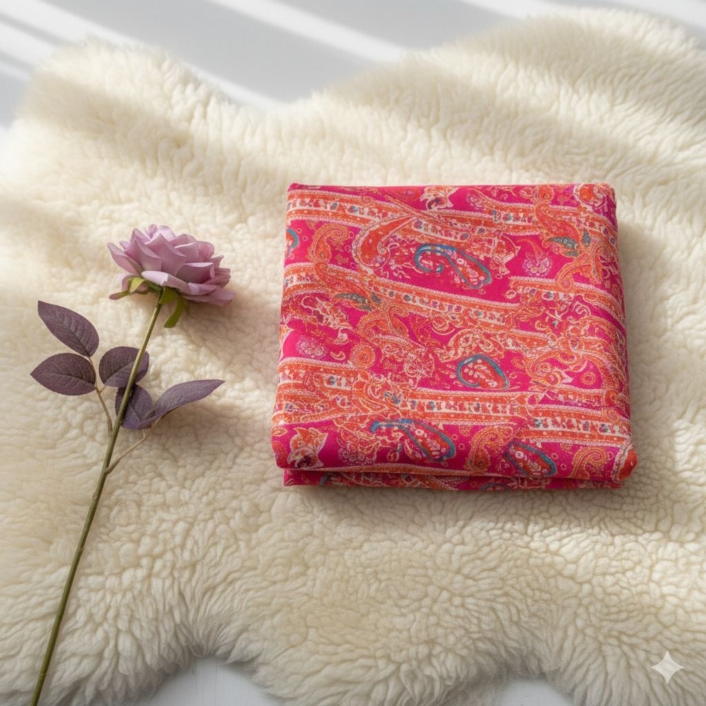 Kain Ceruty Sifon Motif Paisley Pink Fanta Orange Etnik / Bahan Scarf Hijab Dress Aj