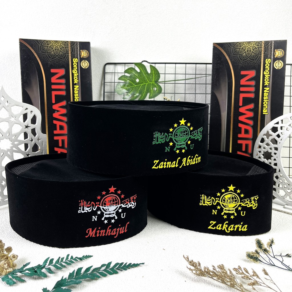 PECI NU NAMA - Peci Songkok Kopiah Hitam Motif Logo NU Peci Hitam NU Gratis NAMA Anak Laki Laki dan 