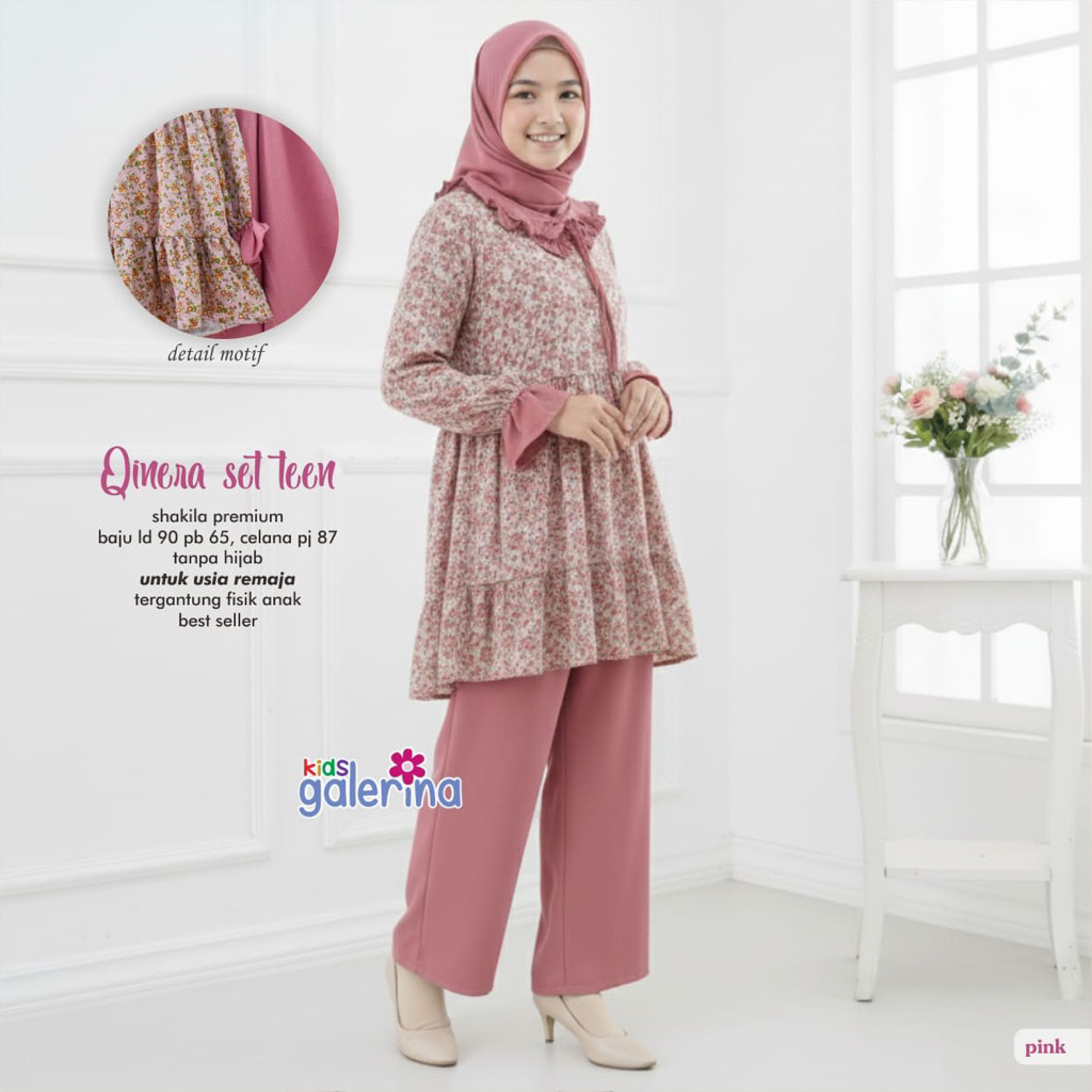 Qinera Set Kids Setelan Tunik Rempel dan Celana Anak Remaja Perempuan Usia 11-16 Tahun Oneset Anak R