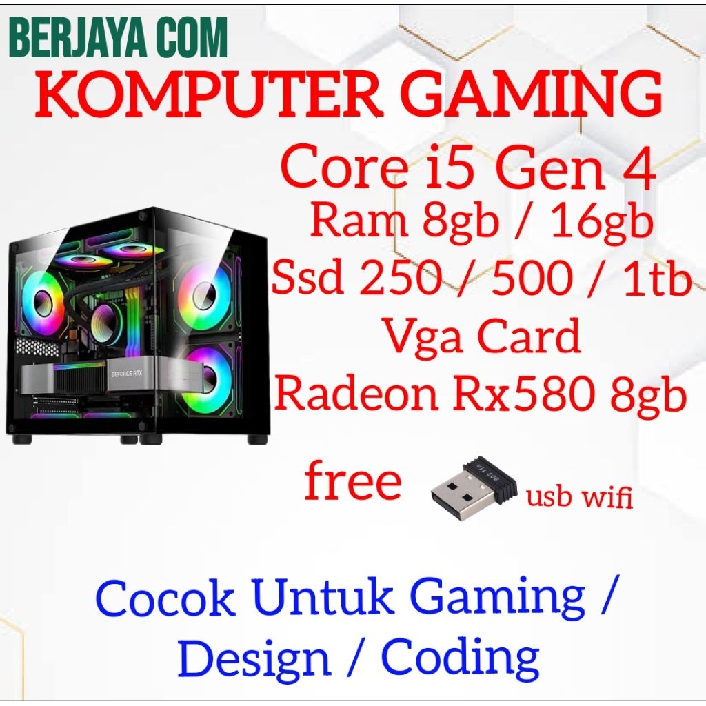 Core i5 gen 4 - Vga Radeon RX580 8gb - 16gb ram - 500gb ssd - Pc Rakitan - komputer Gaming - cpu des