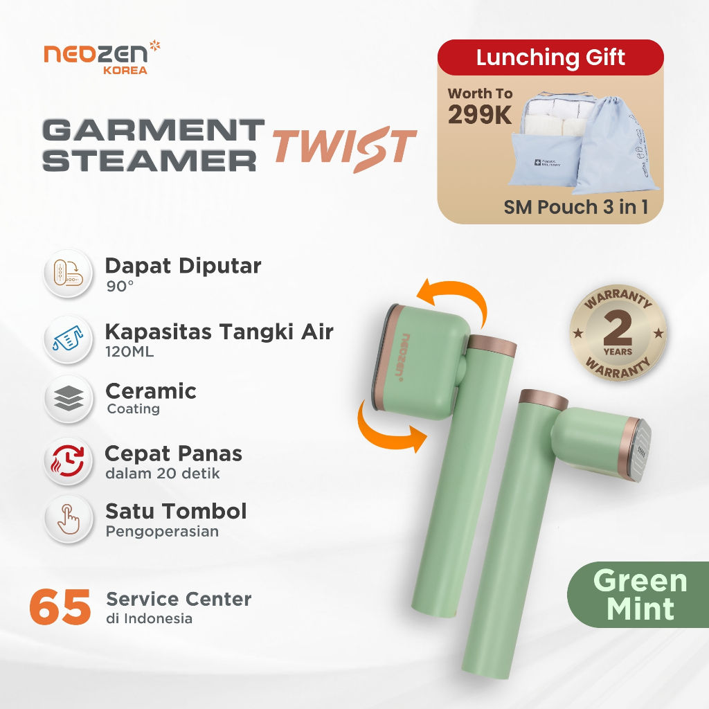 Neozen Garment Steamer Twist Green Mint - Setrika Uap Pakaian Mini Travel Portable Steam Iron Multif