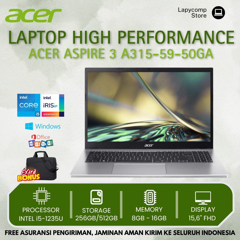 BARU Acer Aspire 3 A315 - 50GA Core i5 - 1235U Ram 20GB Ssd 256GB 15.6" Laptop Kantor - Kuliah