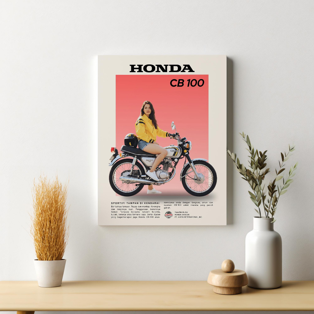 Poster Motor Jadul Honda CB100 Dekorasi Hiasan Pajangan Dinding Frame Kayu Siap Pasang Vintage Wall 