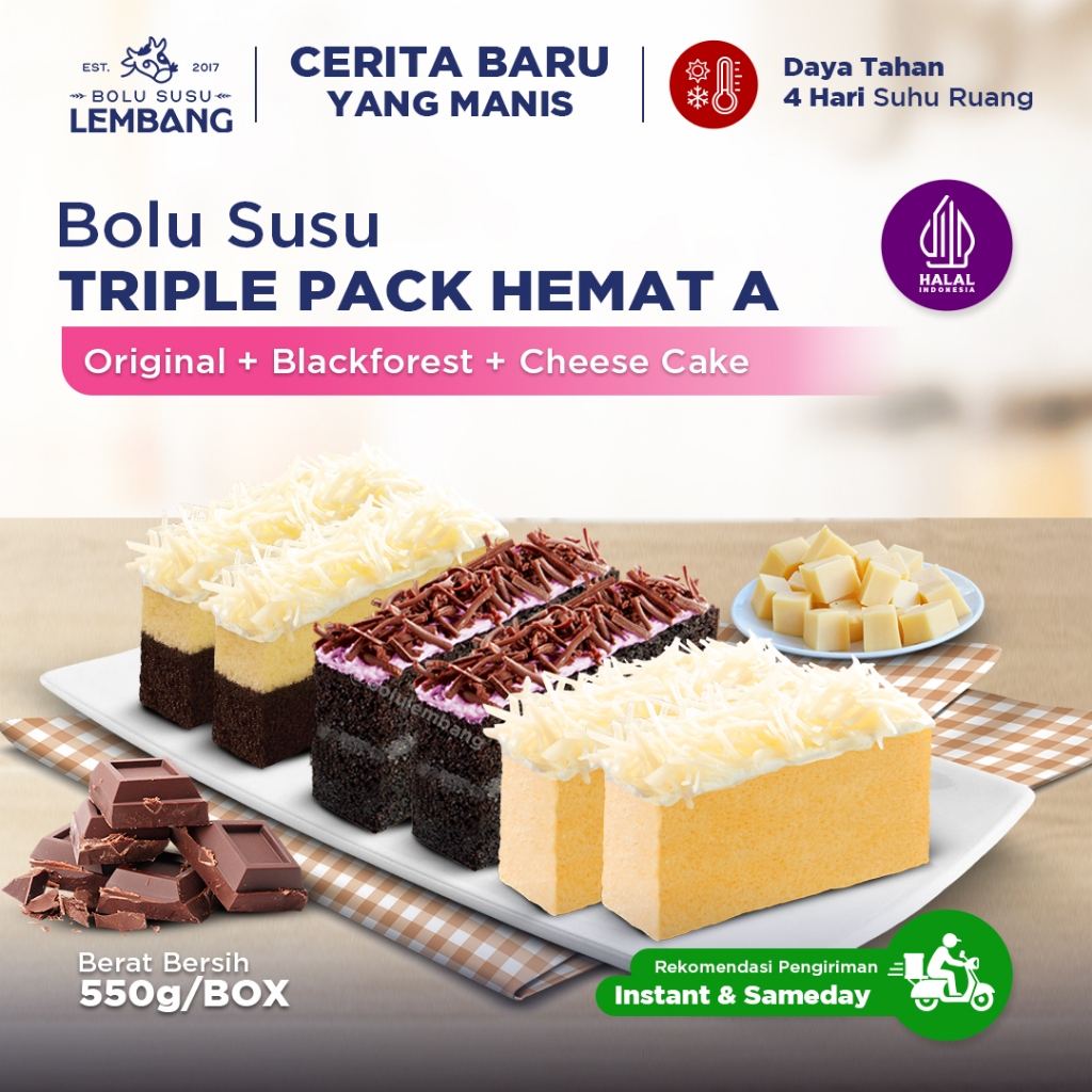 Bolu Susu Lembang - Triple Pack A (Reguler - Original + Blackforest + Cheese Cake) Oleh-oleh Khas Ba