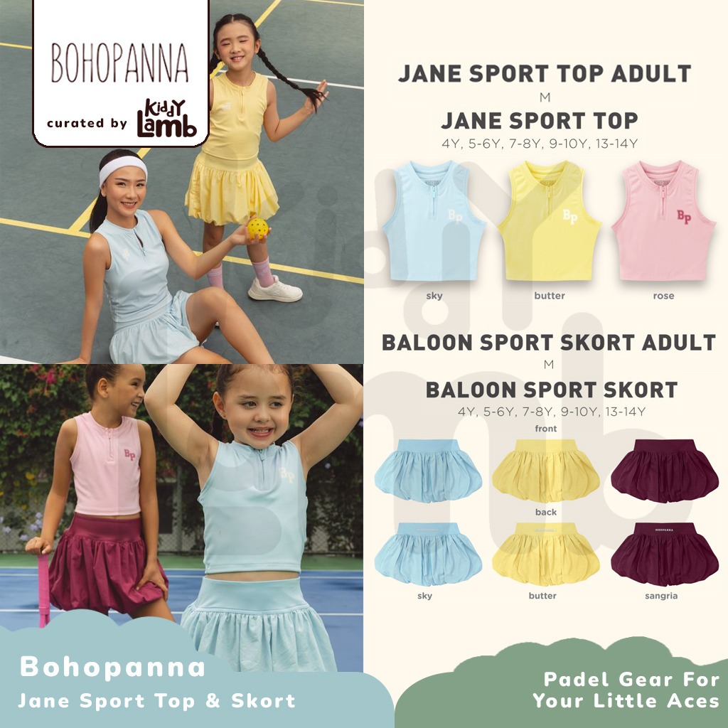 Bohopanna Jane Sport Top & Baloon Sport Skort / Baju Olahraga Anak dan Dewasa Polos Perempuan 4-14Ta