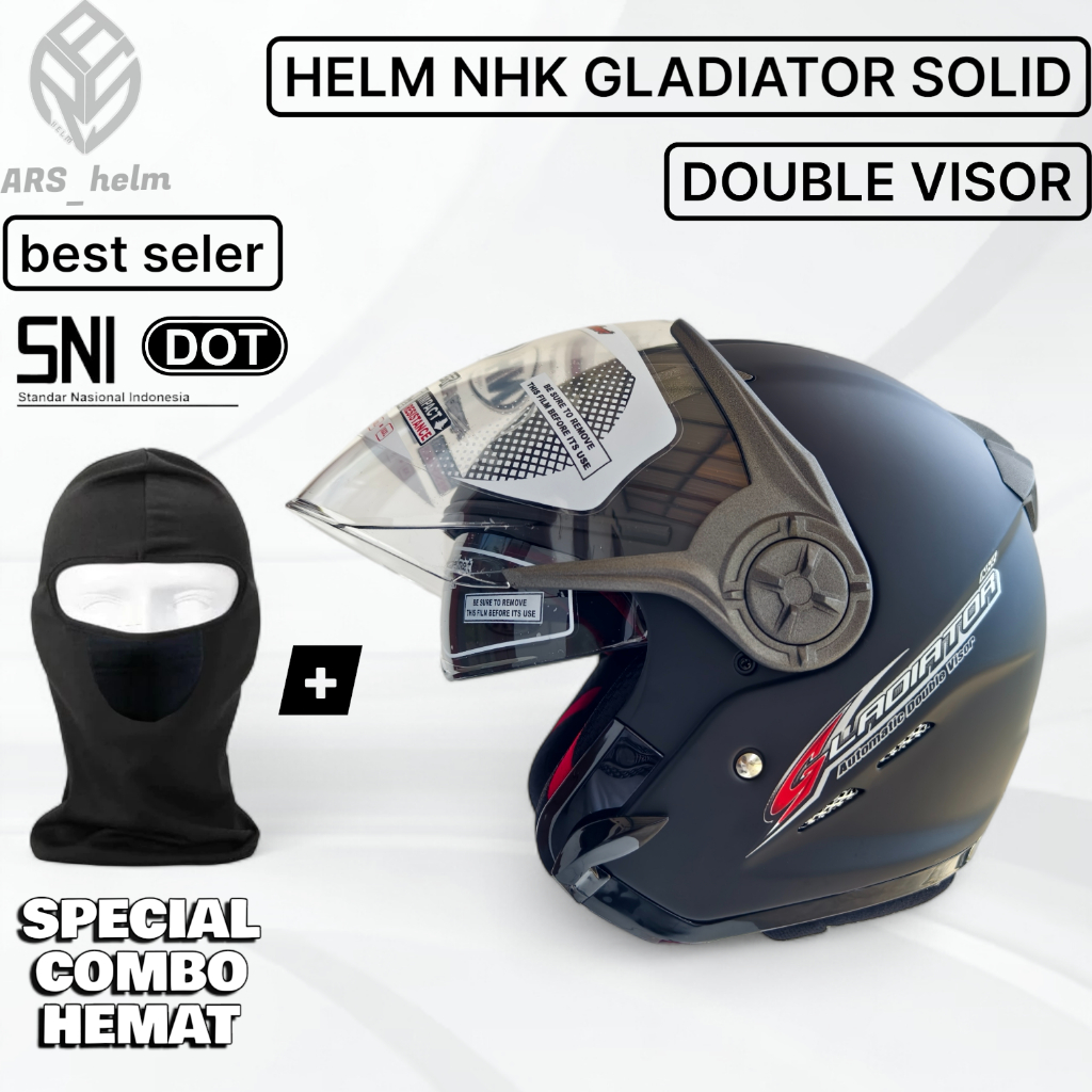 HELM HALF FACE DOUBLE VISOR NHK GLADIATOR SOLID BLACK DOP | HITAM DOFF