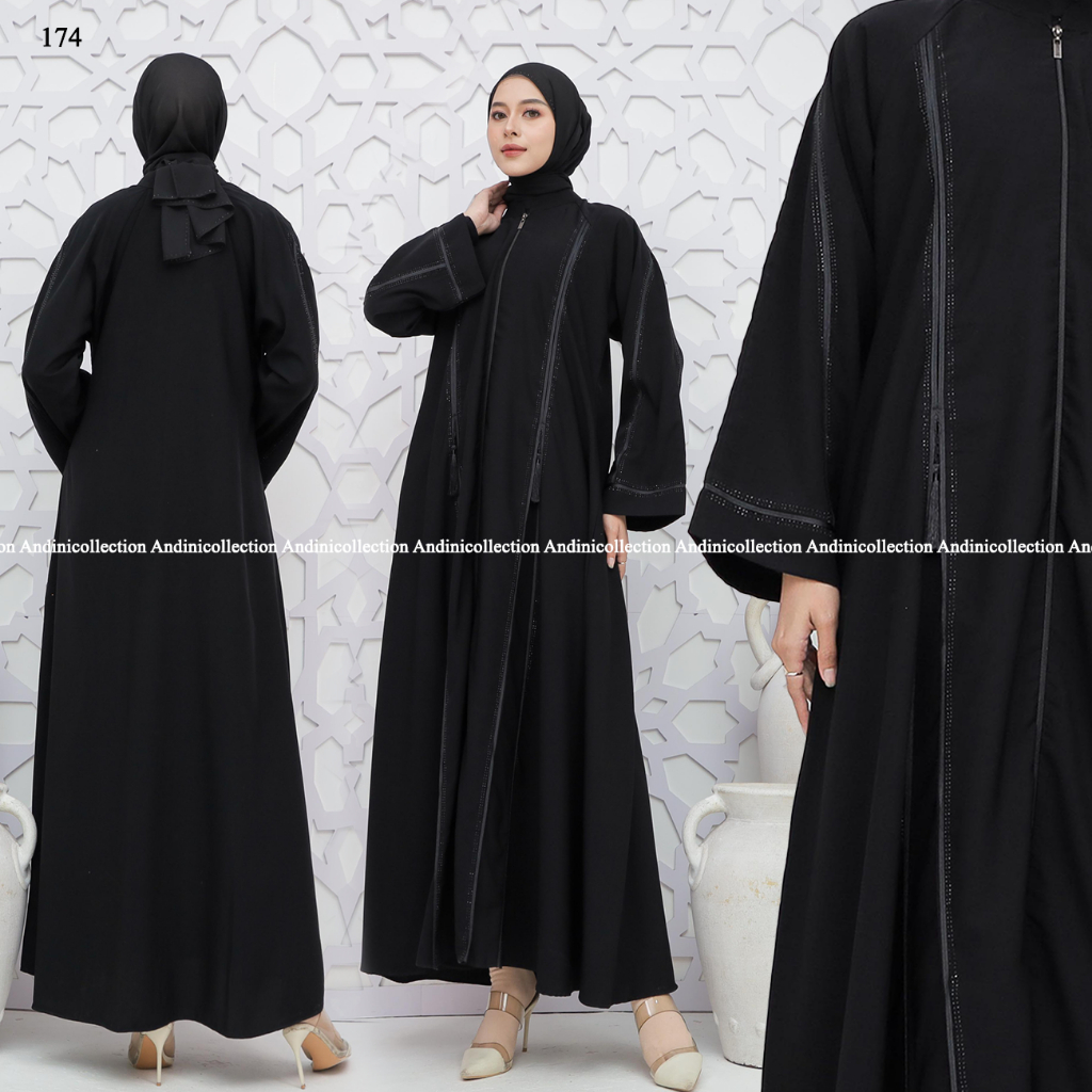 Abaya Jetblack Hitam Pekat Jetblack Premium Full Sleting Gamis Outer Syari Muslimah remaja untuk Umr