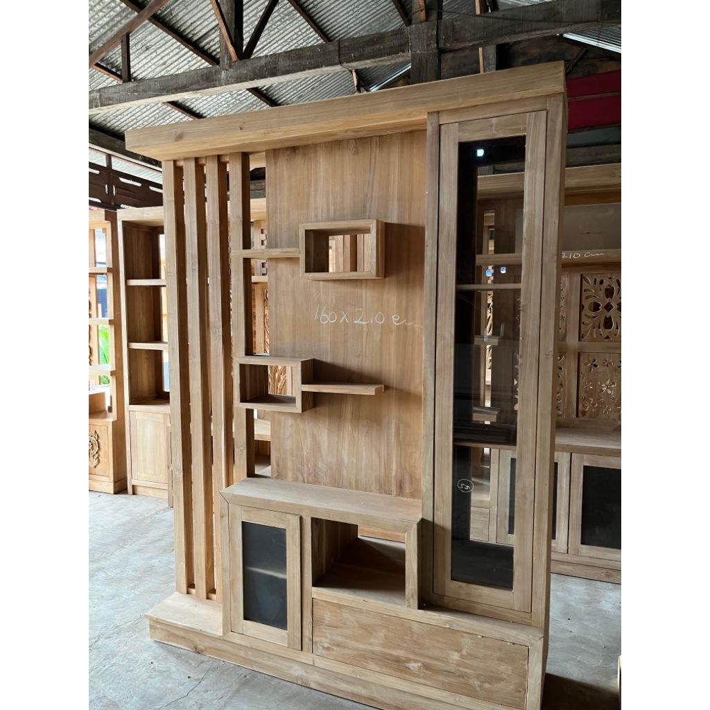 Partisi 2 muka minimalis kayu jati tua finishing melamin