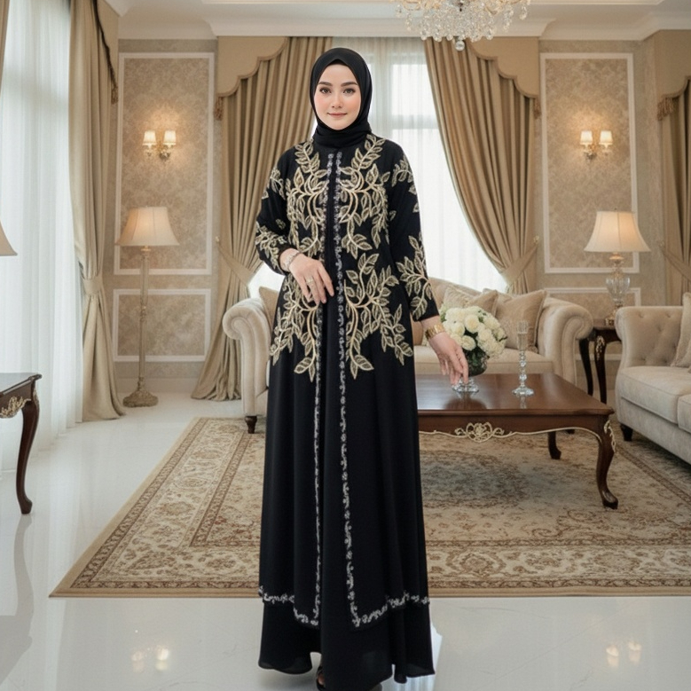 Abaya Wanita Muslimah Bordir Emas Elegan - Dress Hitam Mewah untuk Kondangan & Lebaran