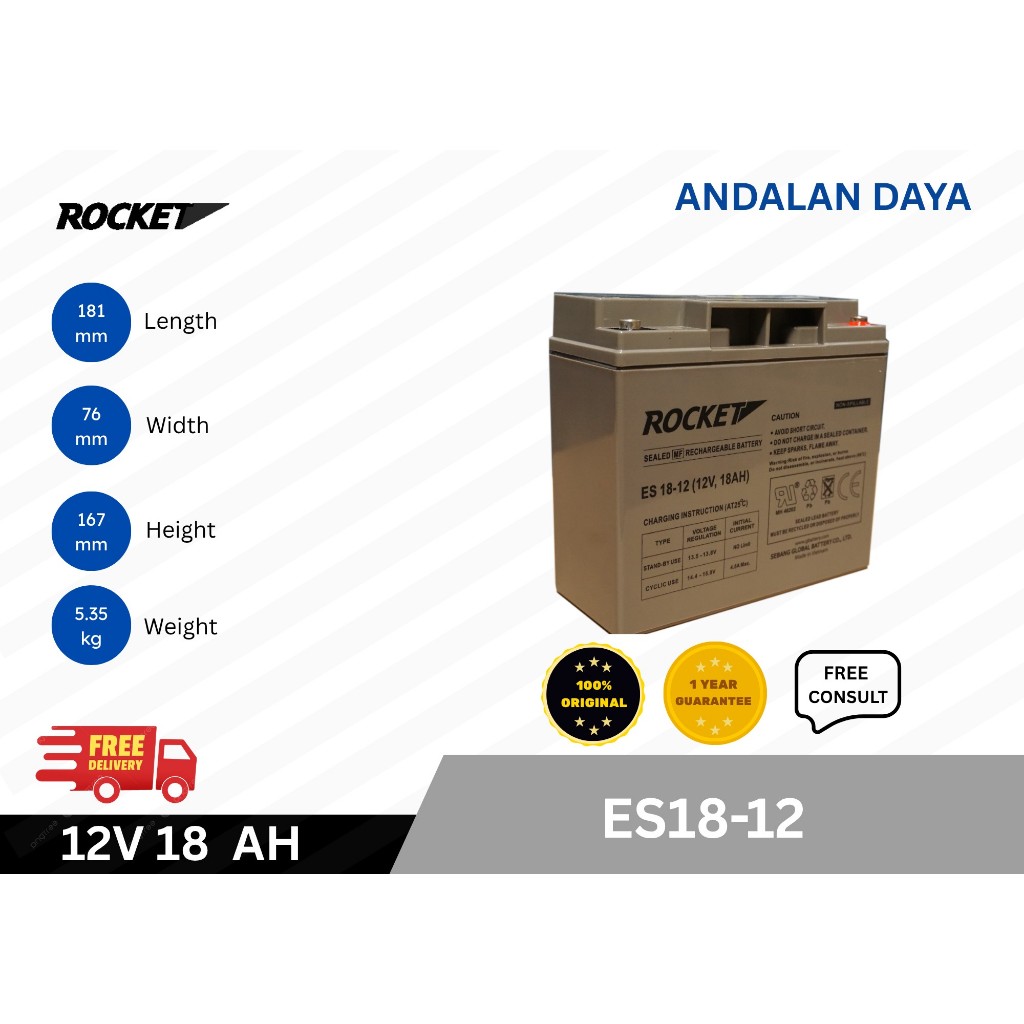 Aki Rocket 18AH 12V VRLA ES18-12 Baterai Kering Accu VRLA UPS Solar Panel