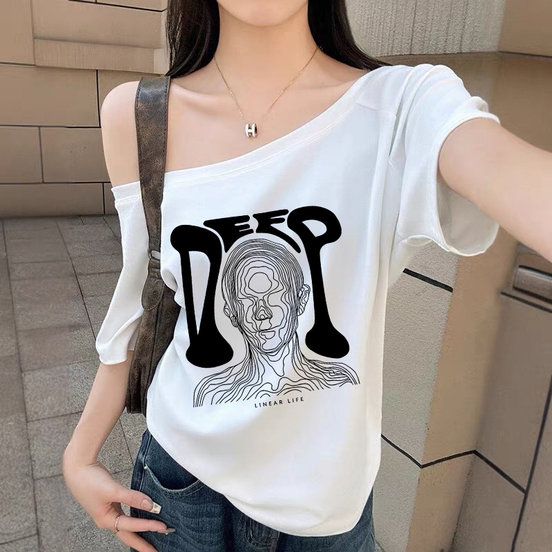 Lovful - Kaos wanita terbaru 2025  | Atasan Bahu terbuka putih | Kaos Sablon abstrak Karakter | Kaos