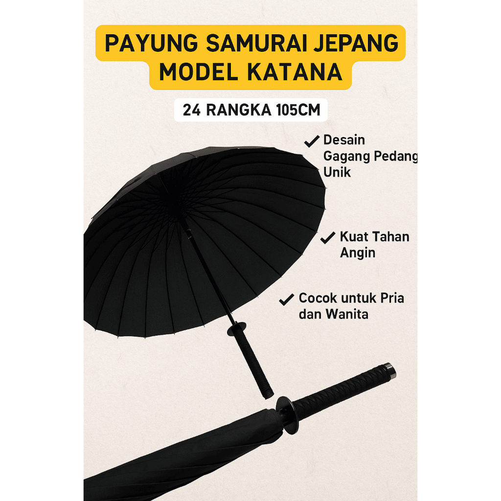 Payung Samurai Jepang Model Katana 24 Rangka 105cm – Desain Gagang Pedang Unik, Kuat Tahan Angin, Co