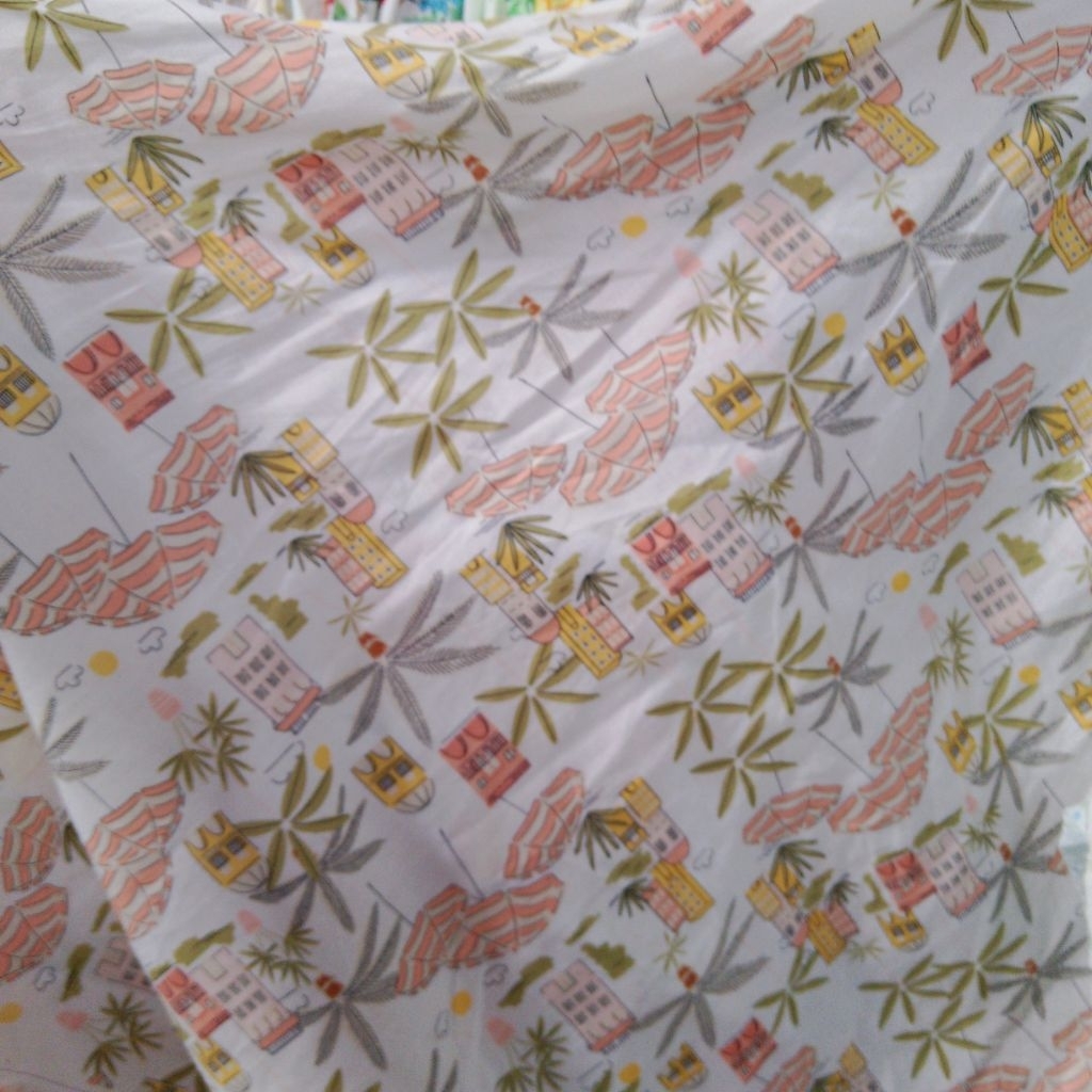 Kain Katun Popline Motif Pantai Summer Cute Meteran | Poplin Printing Payung Pohon Kelapa | Bahan Ke