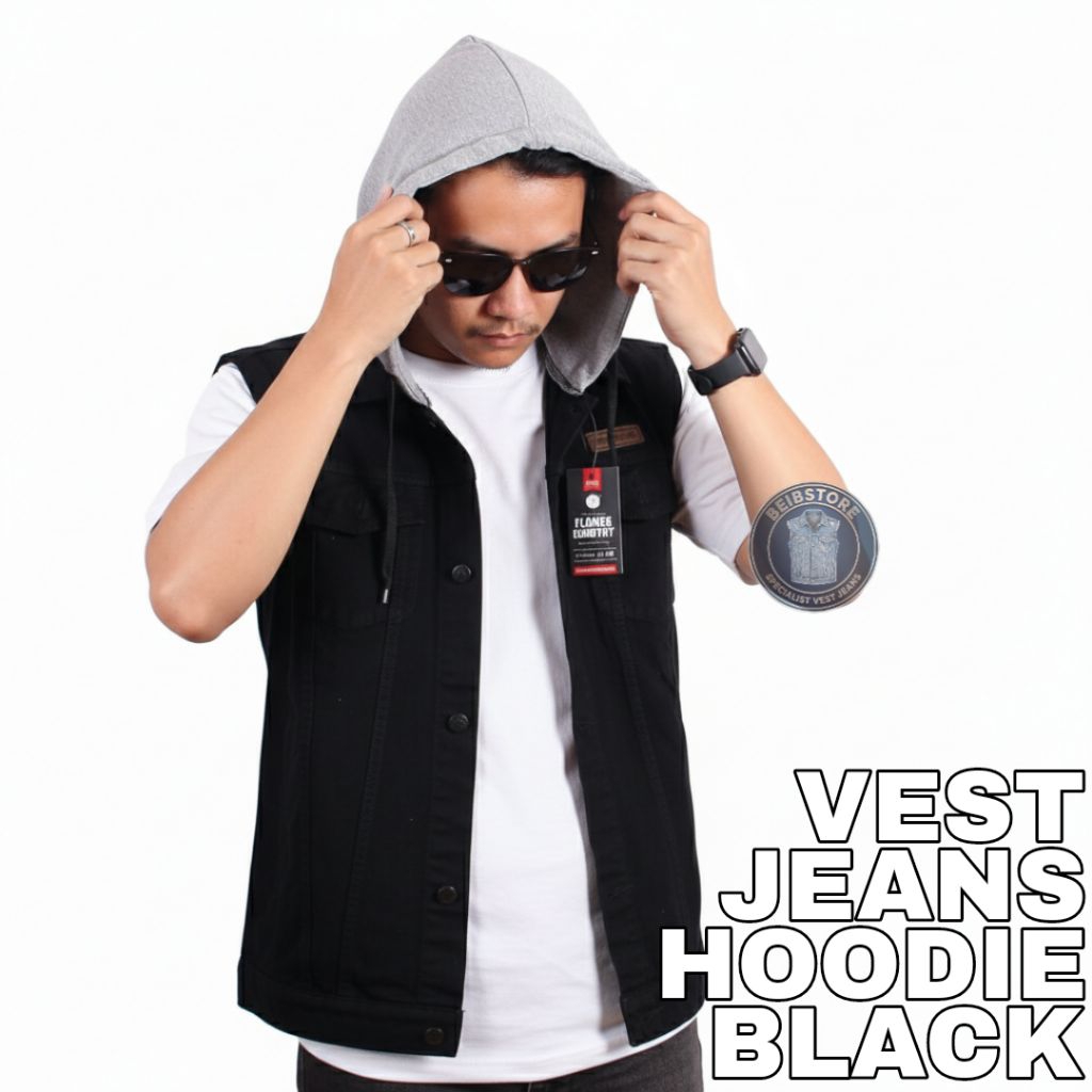 Rompi jeans hoodie pria | vest denim bertopi casual motoran