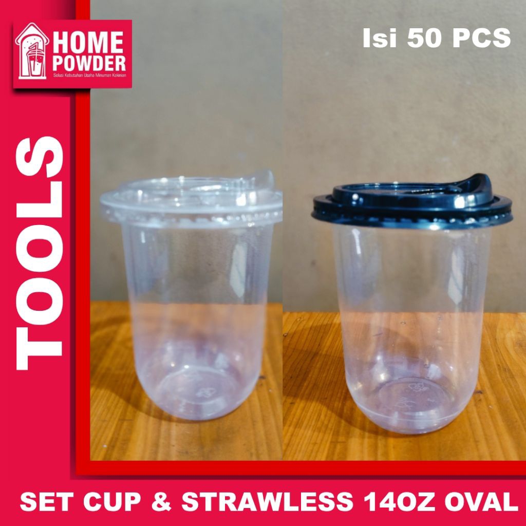 SP Satu Set Gelas Cup 14 Oz Oval dan Tutup Strawless