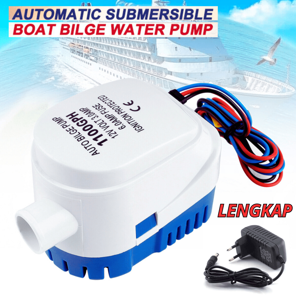 Pompa Air Celup + Adaptor 12V DC Kuras Kolam Otomatis Bilge Pump Submersible 1100 GPH HYBP1