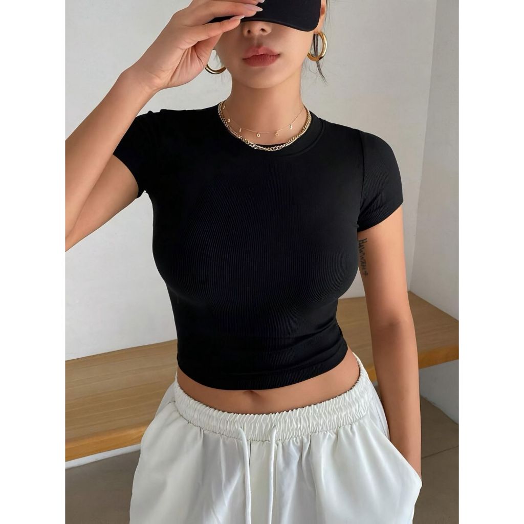 Kaos Wanita Crop Top Rib Strech Korea Style/Basic Crop Knit Rib Crop Top /Kaos crop top wanita bodyf