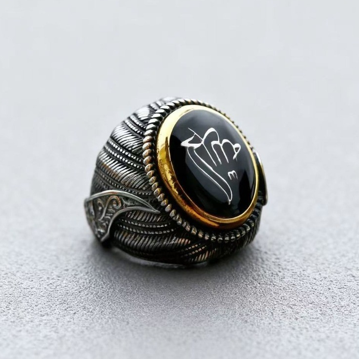 Cincin Pria Khas Islam Kaligrafi Perak Emas Onyx Hitam Desain Ukir Pisau Vintage Fashion Perhiasan M