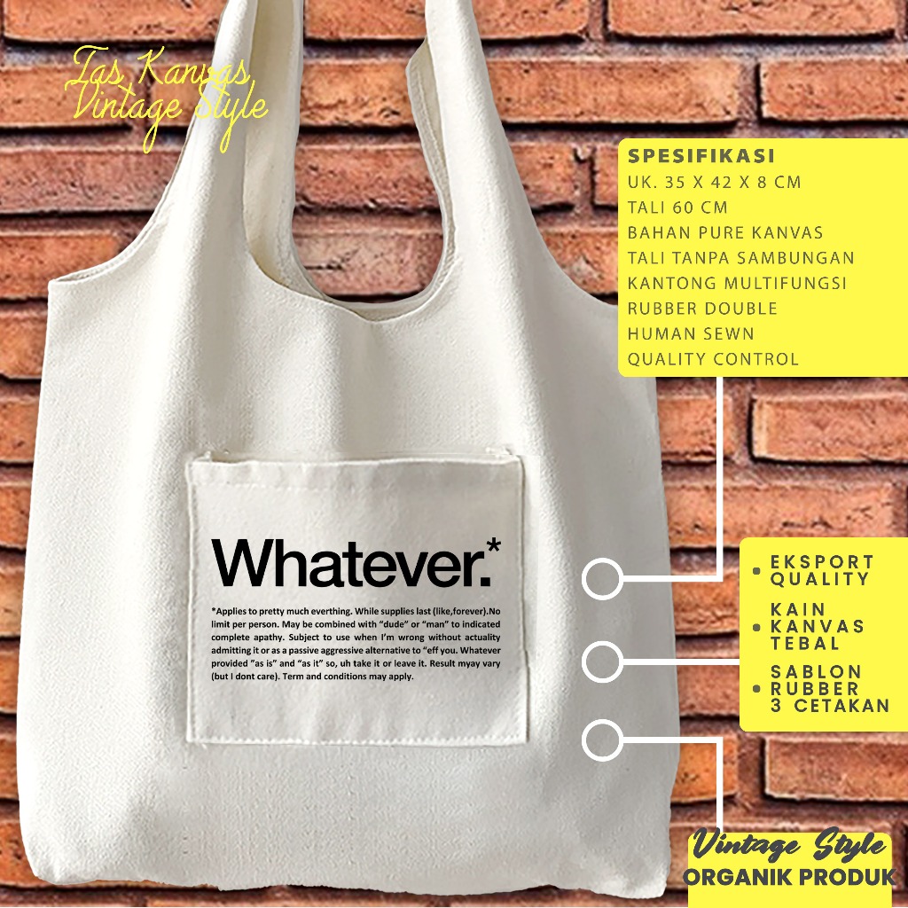 TAS  WANITA WHATEVER BERBAHAN KANVAS UKRAN BESAR - TOTE BAG KANVAS / TOTE BAG VINTAGE / TAS KANTONG