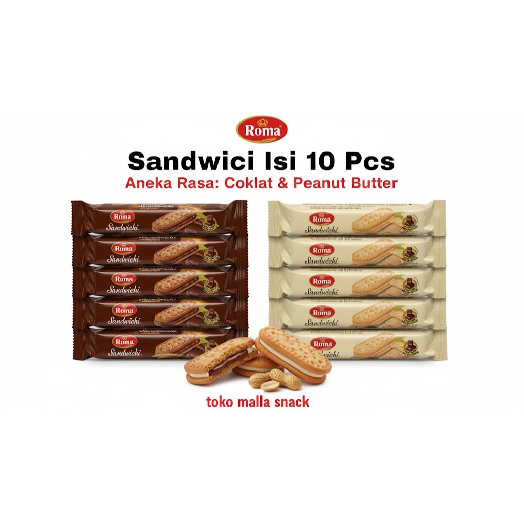 GROSIR Roma Sandwichi Renceng 10 Pcs - Biskuit Isi Krim Cokelat & Peanut Butter Paling Lumer