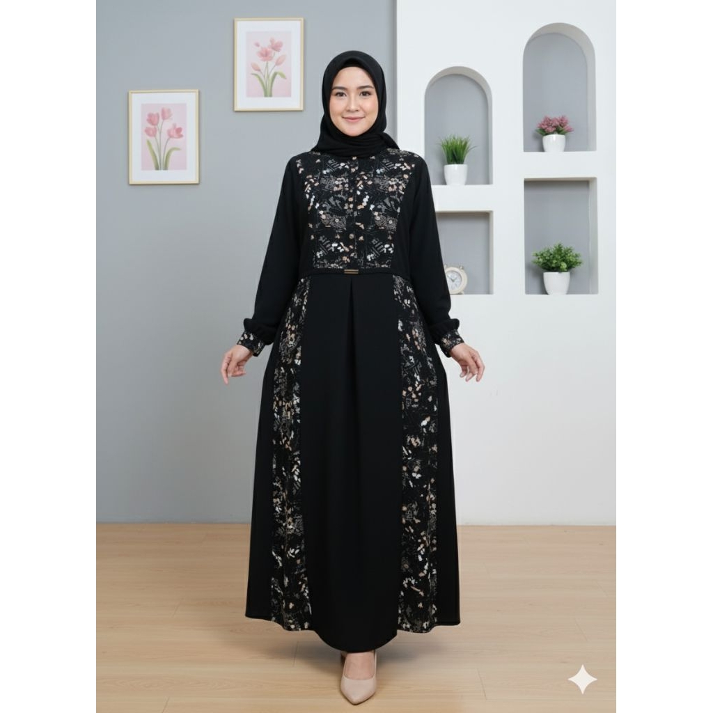 Devina Shakila gamis lebaran 2026 bahan crinkle kombinasi motif bunga abstrak/gamis lebaran model te
