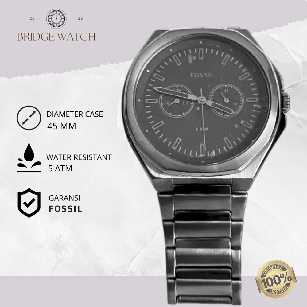 Jam Tangan Fossil Pria BQ2609 Evanston Chronograph Black Dial Gunmetal Stainless Steel Strap Rantai 