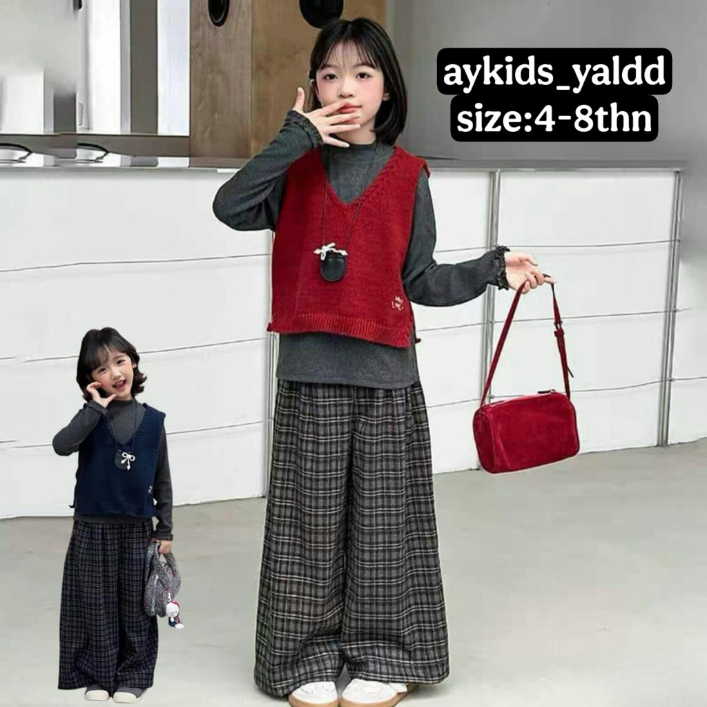 COD Setelan anak perempuan viral 2025 inner lengan panjang vest rajut celana kotak bahan kaos lembut